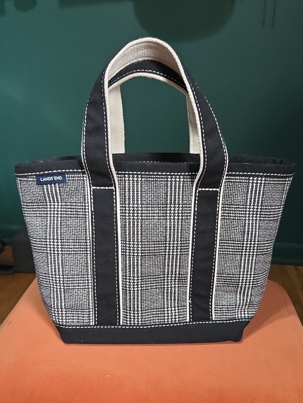 Lands' End Black and White Plaid Canvas Tote - Small